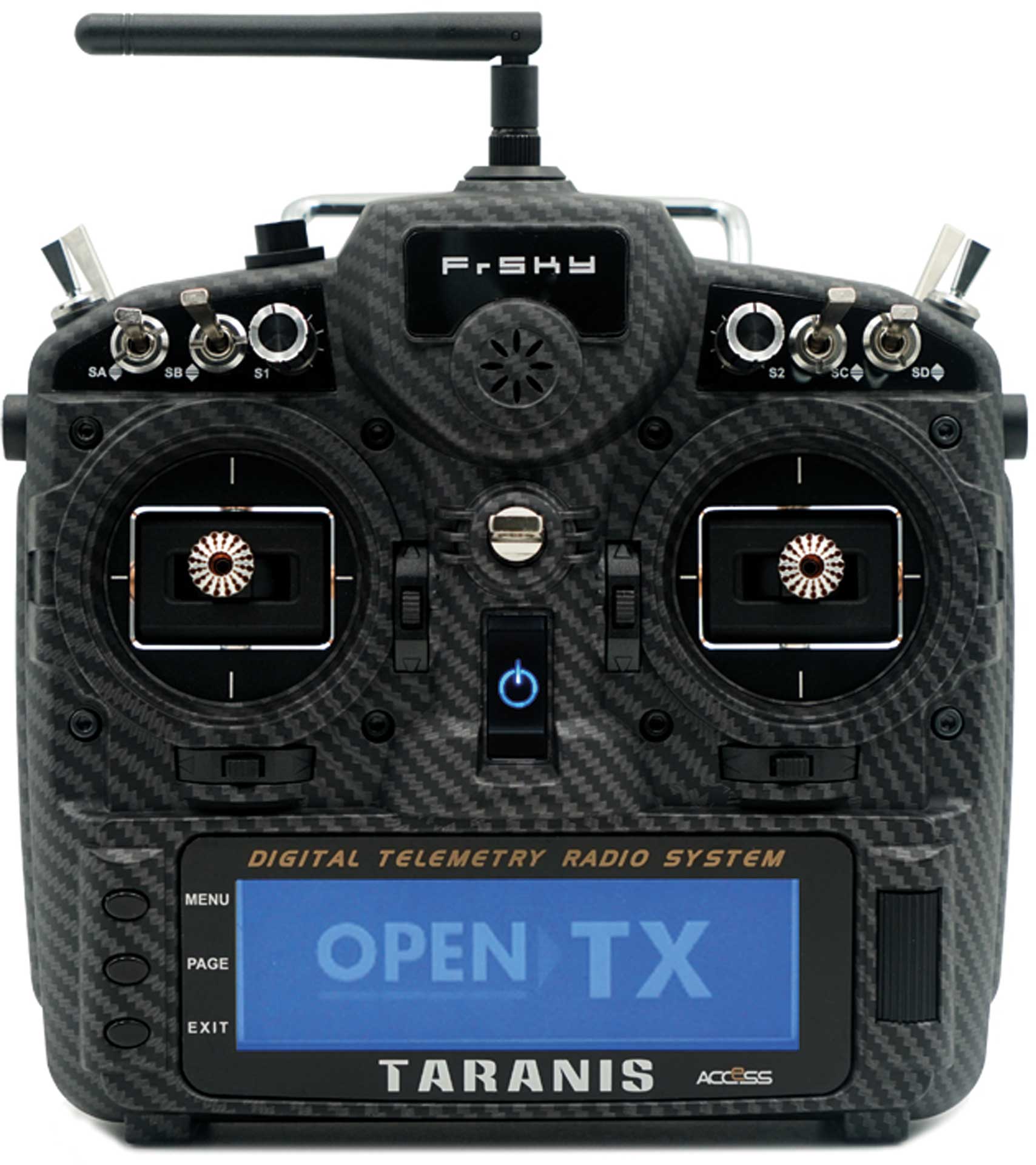 TARANIS X9D plus 2019 SE EU/LBT FrSky Set émetteur Carbon Fiber avec carte SD/bag EVA, sans accu, menu/langue en allemand 2,4Ghz