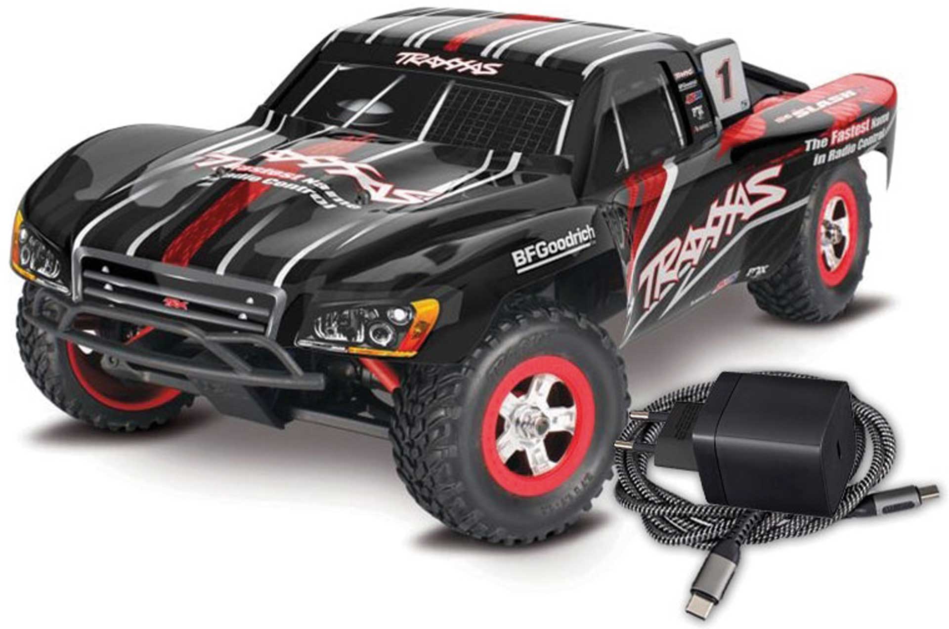 TRAXXAS SLASH 4X4 BLACK 1/16 SHORT-COURSE RTR BRUSHLESS, WITH BATTERY AND USB-C CHARGER + FREE POWER SUPPLY UNIT