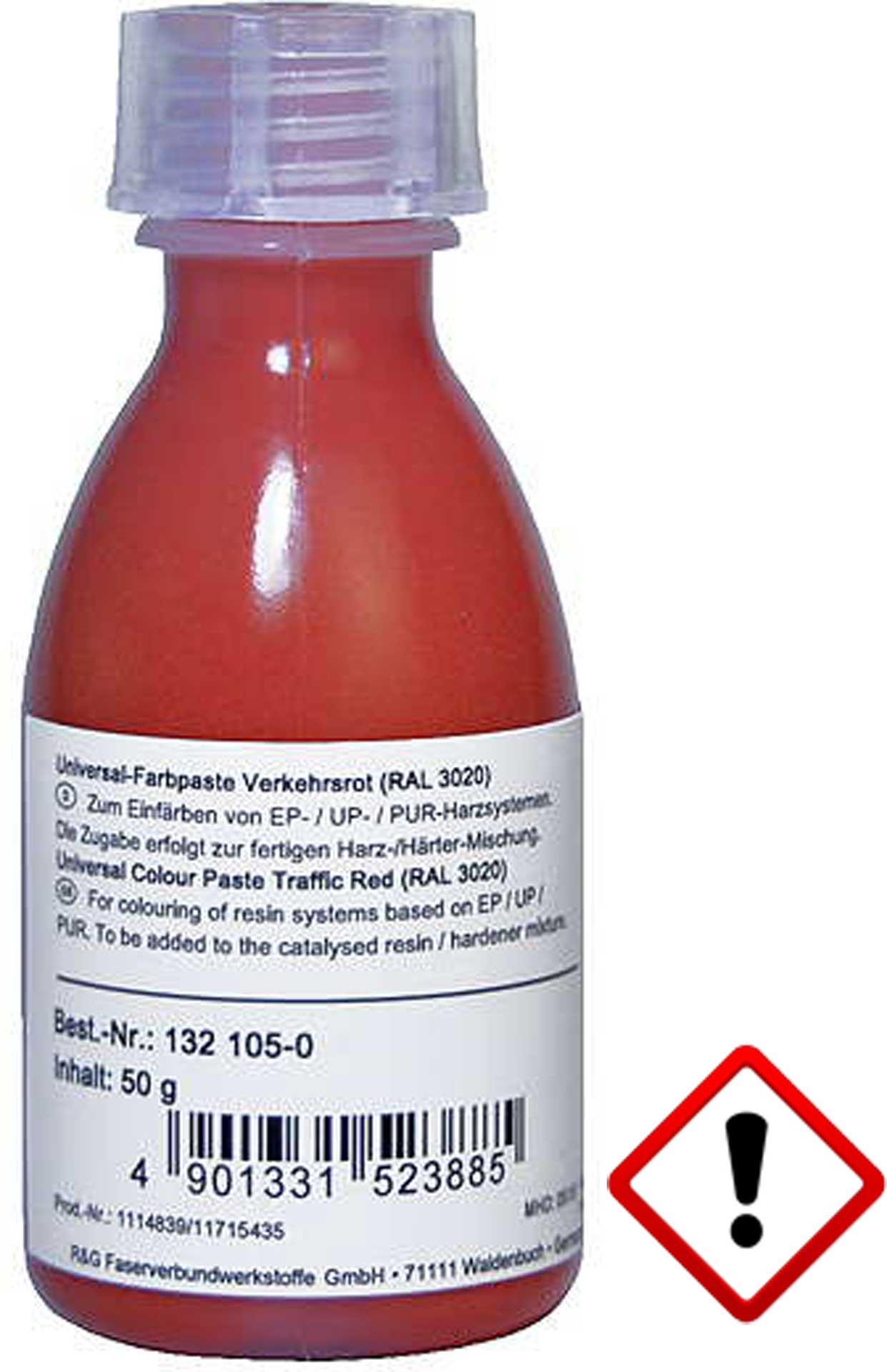 R&G Pâte de couleur universelle rouge trafic (RAL 3020) en bouteille / 50 g