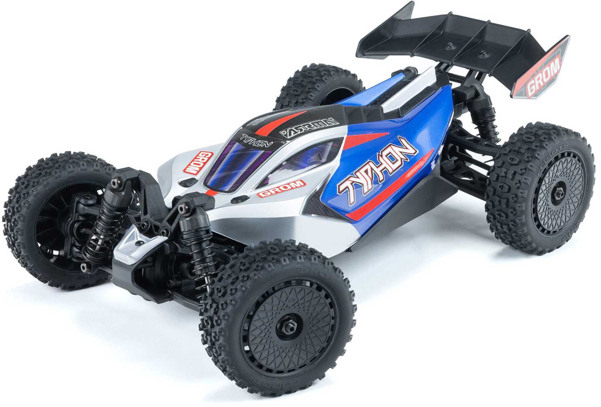 ARRMA TYPHON GROM MEGA 380 Brushed 4X4 Small Scale Buggy RTR avec batterie & chargeur, bleu/argent