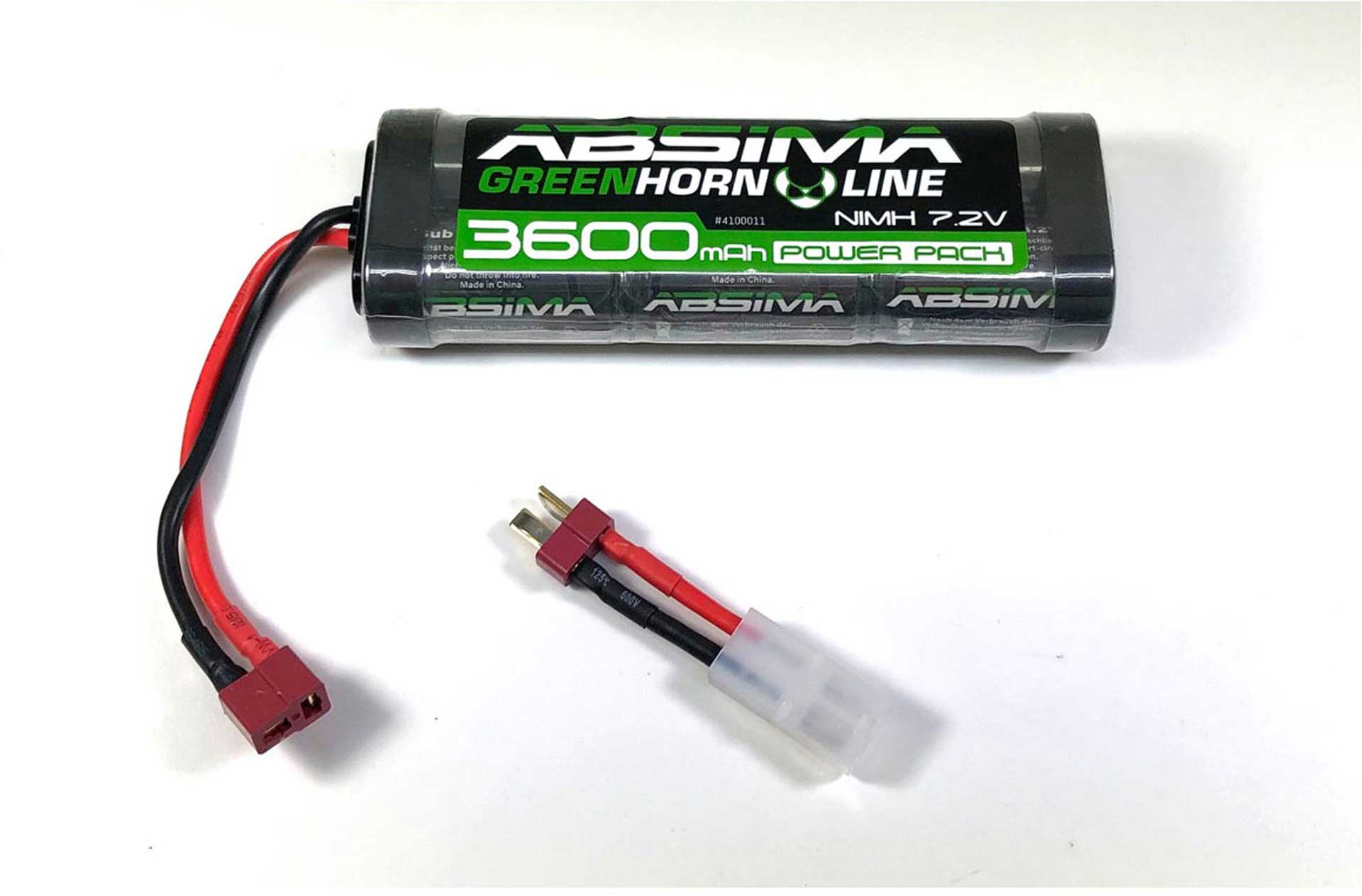 ABSIMA GREENHORN NIMH STICK PACK 7.2V 3600MAH AKKU MIT T-PLUG STECKER + TAMIYA ADAPTER