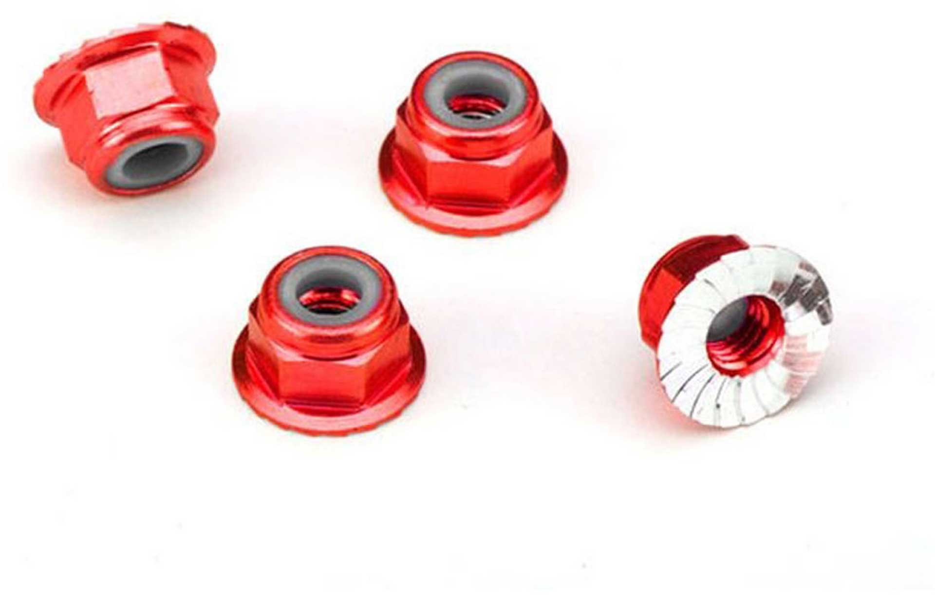 TRAXXAS NUT ALUMINIUM WITH FLANGE, SERRATED (4MM) RED ANODIZED (4)