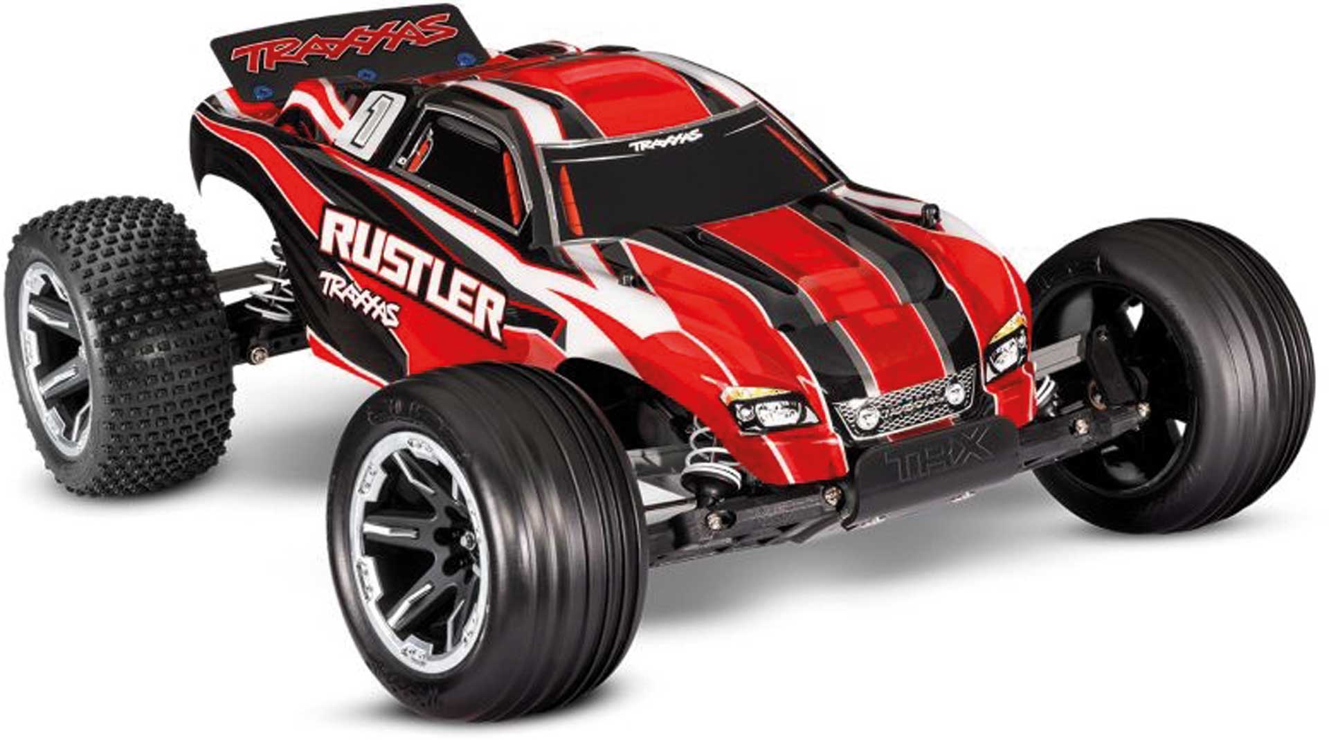 TRAXXAS RUSTLER RED 1/10 2WD STADIUM-TRUCK RTR BRUSHED, WITH BATTERY AND 4AMP USB-C-CHARGER