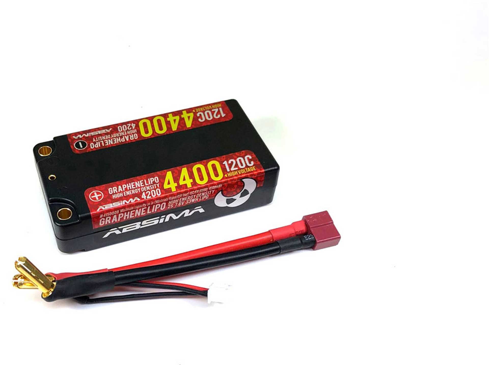 ABSIMA SHORTY PACK Batterie lipo  7.4V-110C 3800 HARDCASE ACCU EN HARDCASE CONTACT OR 5MM + ADAPTATEUR DEANS 7,4V STANDARD HV 7,6V
