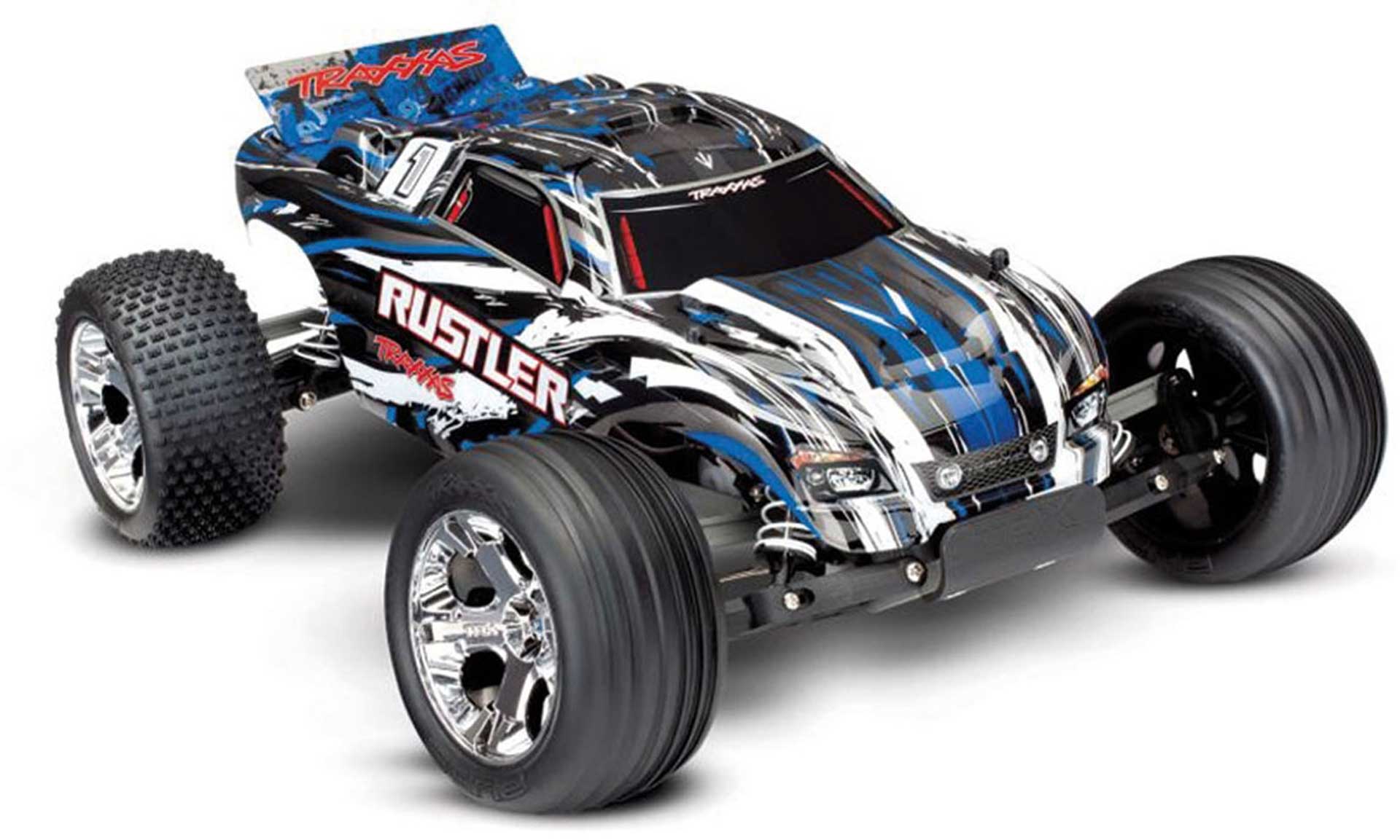 TRAXXAS RUSTLER BLUE MONSTER TRUCK BRUSHED 1/10 2WD RTR + 12V CHARGER AND BATTERY