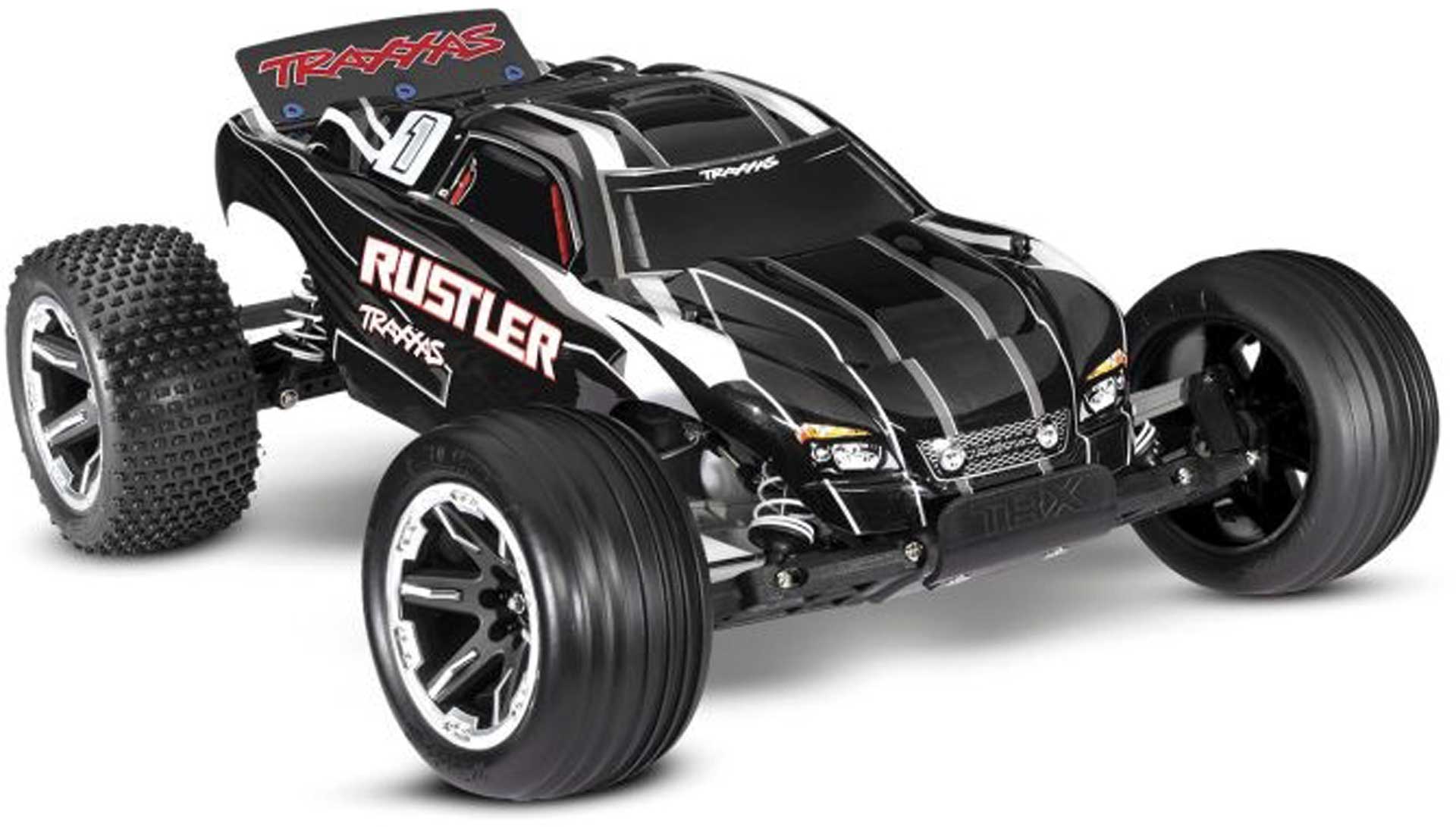 TRAXXAS RUSTLER BLACK 1/10 2WD STADIUM-TRUCK RTR BRUSHED, WITH BATTERY AND 4AMP USB-C CHARGER