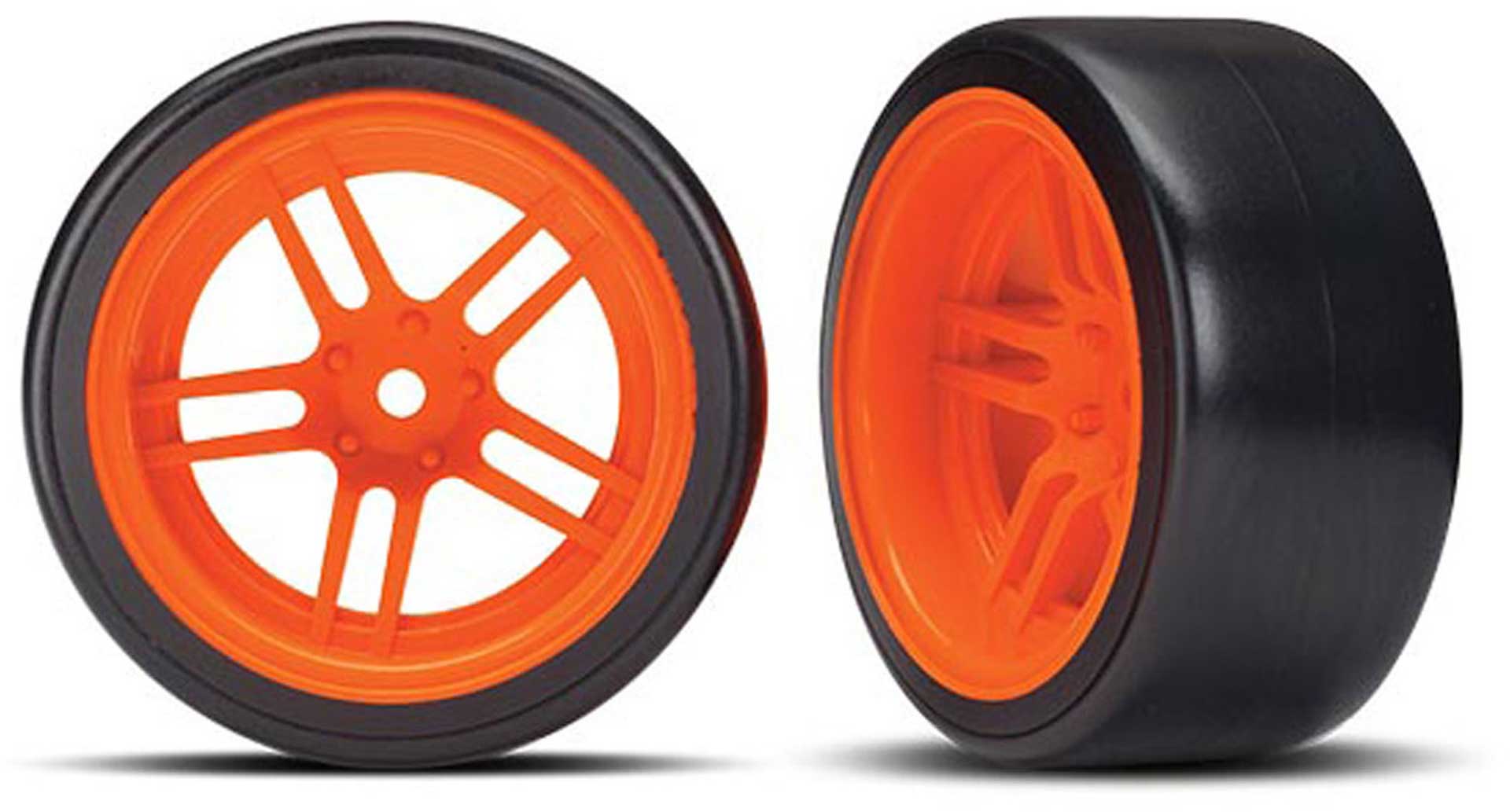 TRAXXAS Reifen auf Felgen verklebt Split-Spoke Felge orange hinten