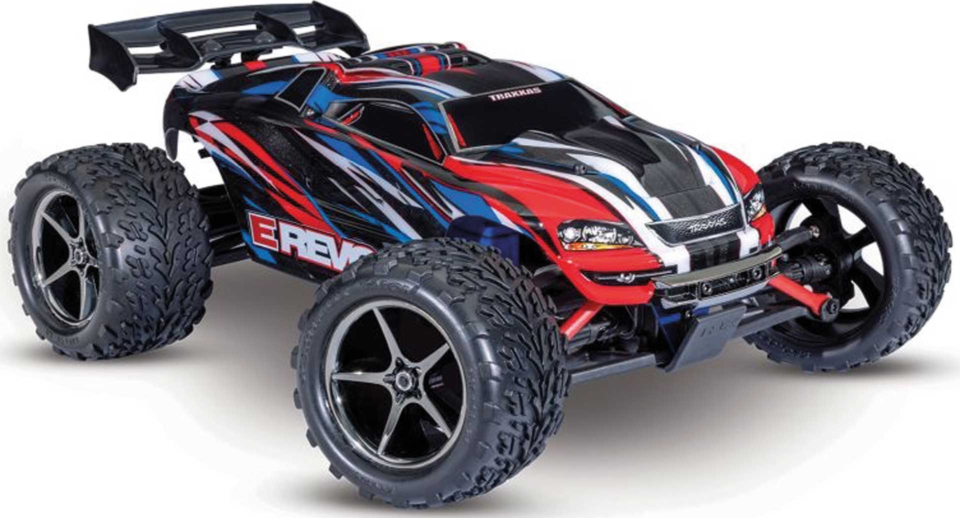 TRAXXAS E-REVO RED/BLUE 1/16 MONSTER-TRUCK RTR BRUSHED WITH BATTERY AND USB-C CHARGER